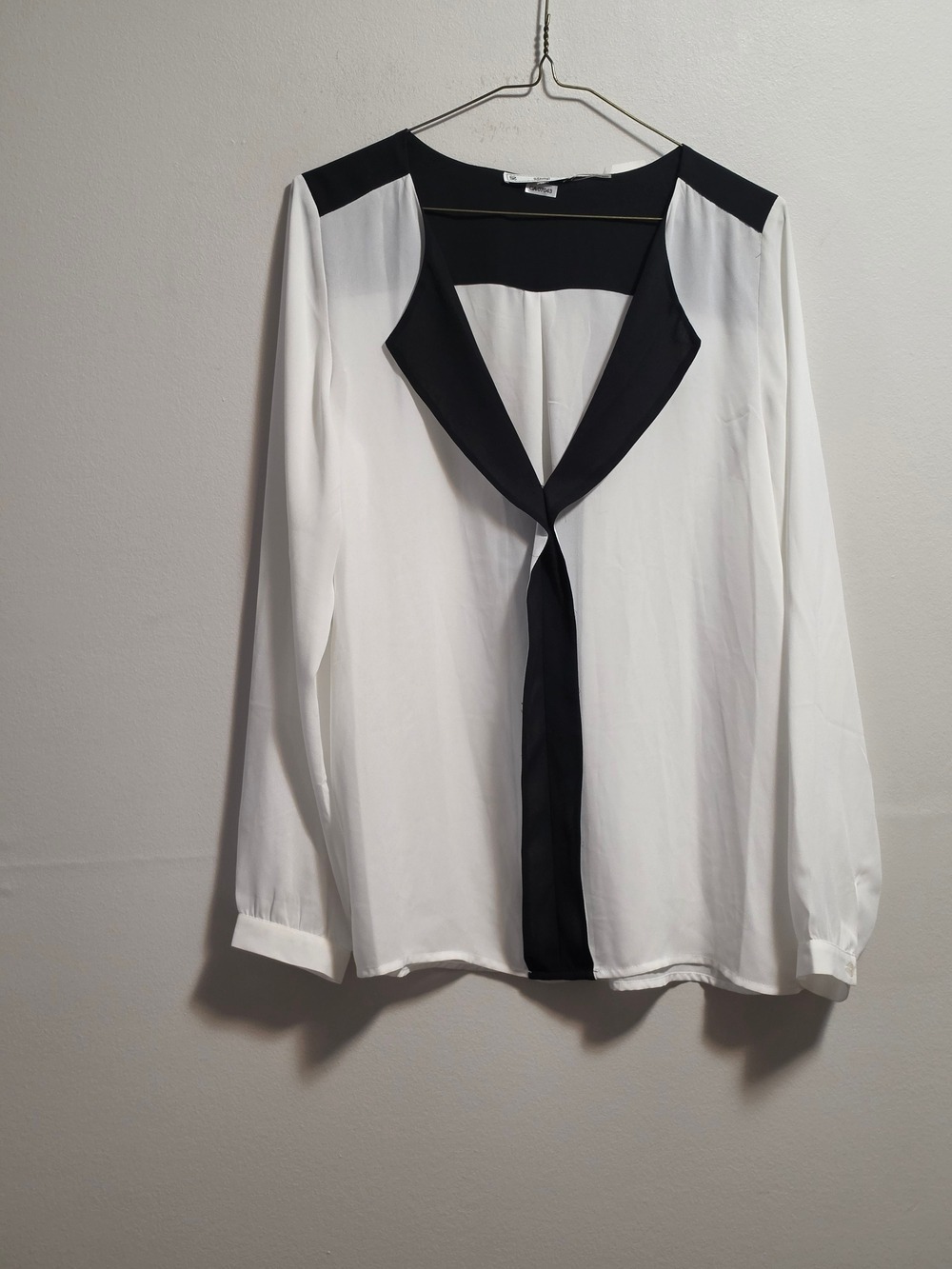 Women’s White Blouse with Black Trim V-Neck Tie Detail